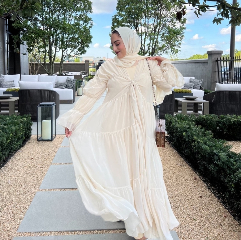 The OG Elegant Beige Maxi Ruffled Abaya + Inner Dress X Beaux Exclusive - Picture 2 of 5
